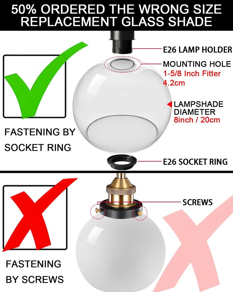 BinoBro Fixture Replacement Globe Shade with 1.65 Inch Fitter, 8 Inch Diameter, E26 Base 1-5/8 Inch Fitter, Glass Lampshade Cover for Pendant Wall Sconce Chandelier Vanity Light (White Frosted) - Image 4